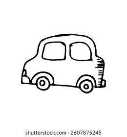 Side view of hand-drawn doodle car vector transport icon element.