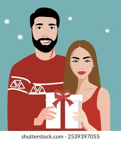 Side View Of Hands Giving Gift Box To Another Hand. Happy New Year And Christmas Celebration Concept. Cheerful young cute smiling cheerful couple, two men and women wearing red Christmas sweater