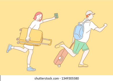 side view of happy couple running with travel bags isolated on yellow. Hand drawn style vector design illustrations.