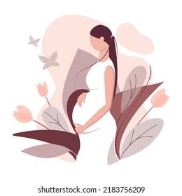 Side view of happy expectant mother. Vector illustration in flat style