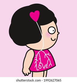 Side View Of Happy Girl With Heart Shaped In Head And Its Roots As Text Love In Her Body Concept Card Character illustration