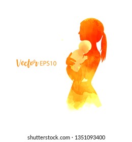 Side View Of Happy Mom Holding Adorable  Baby Child Silhouette Plus Abstract Water Color Painted. Mother's Day. Digital Art Painting. Double Exposure  Vector Illustration