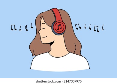 Vista lateral de una chica feliz y relajada con auriculares inalámbricos escucha música. Una joven sonriente con audífonos modernos disfruta de sonido de buena calidad en el gadget. Tecnología. Ilustración vectorial. 