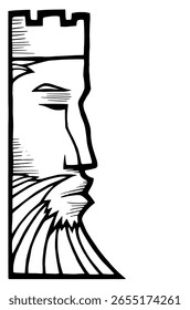 Vista lateral eclosionada Ilustración de la cara de un rey barbudo.