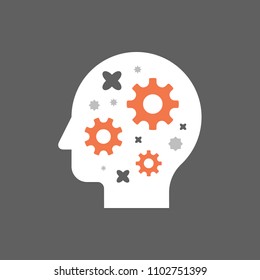 Side View Head Full Of Cogwheels, Brain Work Gear, Cognitive Skill, Technology People, Artificial Intelligence, Creative Workshop, Potential Development, Brainstorm Concept, Vector Illustration