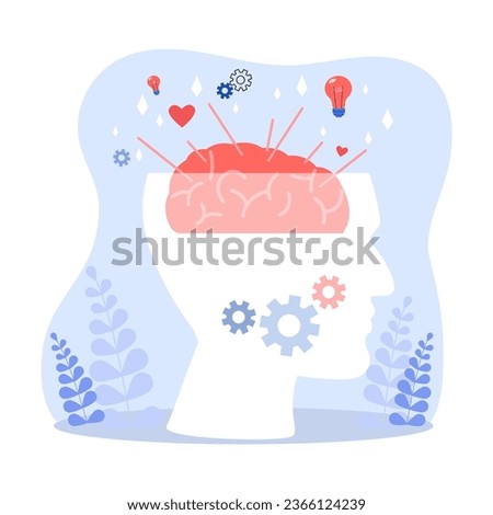 Side view of head with sparks around brain vector illustration. Drawing of brainpower, gears and lightbulbs, mental or cognitive processes. Creativity, intelligence, innovation, brainstorming concept