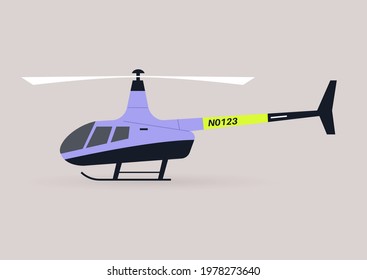 A side view of a helicopter vehicle with bright neon elements, flat vector illustration
