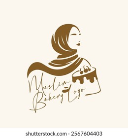 Side view of a hijabi Muslim woman silhouette with cake. Vector muslim bakery logo. 