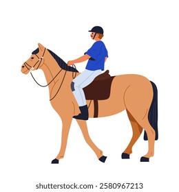 Side view of horse with horseman flat illustration. Vector rider jockey on equestrian animal. Horsemanship event gear, saddle outdoor sport. Gallop gear. Field athletic training or competition.