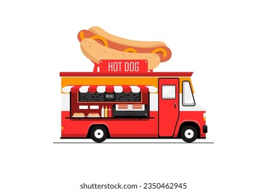 Side view of hot dog truck on isolated background, Vector illustration.