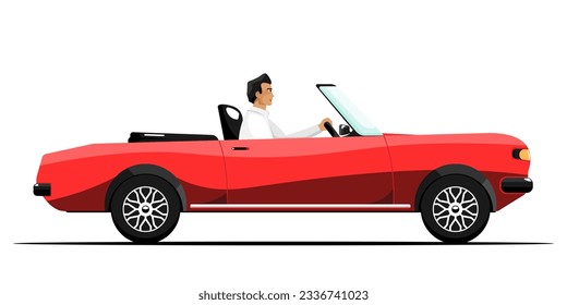 Side view, Human driving in classic red car on isolated background, Vector illustration.