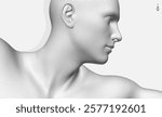 Side view of a human head formed from dots. Face recognition. Stipple style digital face. Concept of technology, anonymity, social disguise. Cybersecurity. 3D vector.