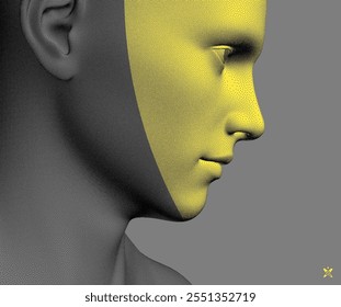 Vista lateral de uma cabeça humana formada por pontos. Reconhecimento facial. Face digital estilo pontilhado com efeito de máscara de cor. Conceito de tecnologia, anonimato, disfarce social. Cibersegurança. Vetor 3D.