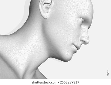 Vista lateral de uma cabeça humana formada por pontos. Reconhecimento facial. Face digital estilo pontilhado. Conceito de tecnologia, anonimato, disfarce social. Cibersegurança. Vetor 3D.