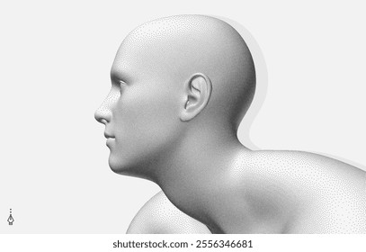 Side view of a human head formed from dots. Face recognition. Stipple style digital face. Concept of technology, anonymity, social disguise. Cybersecurity. 3D vector.