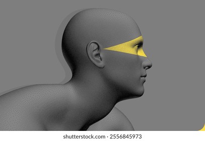 Side view of a human head formed from dots. Face Recognition. Digital face with colour highlighting effect of eye area. Concept of technology, anonymity, social disguise. 3D vector illustration.