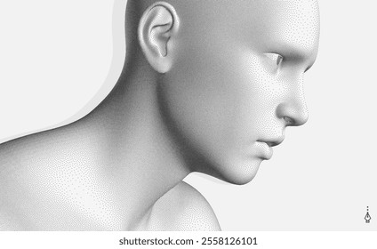 Side view of a human head formed from dots. Face recognition. Stipple style digital face. Concept of technology, anonymity, social disguise. Cybersecurity. 3D vector.