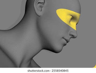 Side view of a human head formed from dots. Face Recognition. Digital face with colour highlighting effect of eye area. Concept of technology, anonymity, social disguise. 3D vector illustration.