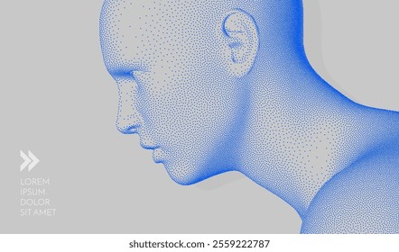 Side view of a human head formed from dots. Face recognition. Stipple style digital face. Concept of technology, anonymity, social disguise. Cybersecurity. 3d vector for presentation, card, cover.