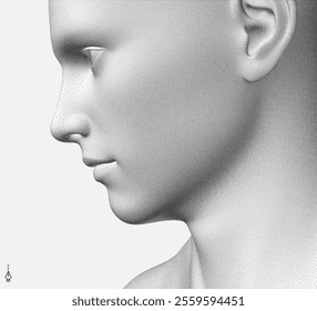 Side view of a human head formed from dots. Face recognition. Stipple style digital face. Concept of technology, anonymity, social disguise. Cybersecurity. 3D vector.