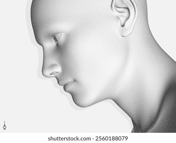 Side view of a human head formed from dots. Face recognition. Stipple style digital face. Concept of technology, anonymity, social disguise. Cybersecurity. 3d vector for presentation, card, cover.