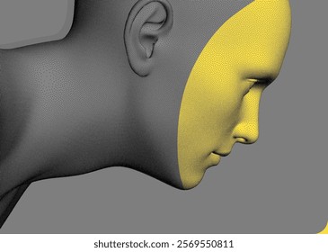 Side view of a human head formed from dots. Face recognition. Stipple-style digital face with colour mask effect. Concept of technology, anonymity, social disguise. Cybersecurity. 3D vector.