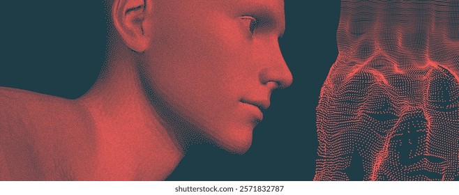 Side view of a human head formed from dots. Stipple style digital face. Array with dynamic emitted particles. Water splash imitation. Abstract background. Big data. Vector for cover, card, design.