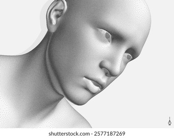 Side view of a human head formed from dots. Face recognition. Stipple style digital face. Concept of technology, anonymity, social disguise. Cybersecurity. 3D vector.