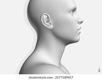 Side view of a human head formed from dots. Face recognition. Stipple style digital face. Concept of technology, anonymity, social disguise. Cybersecurity. 3D vector.