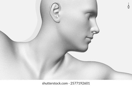 Side view of a human head formed from dots. Face recognition. Stipple style digital face. Concept of technology, anonymity, social disguise. Cybersecurity. 3D vector.