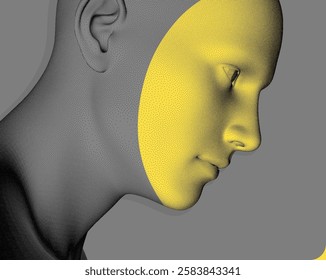 Side view of a human head formed from dots. Face recognition. Stipple-style digital face with colour mask effect. Concept of technology, anonymity, social disguise. Cybersecurity. 3D vector.