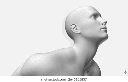 Vista lateral de uma cabeça humana formada por pontos. Reconhecimento facial. Face digital estilo pontilhado. Conceito de tecnologia, anonimato, disfarce social. Cibersegurança. Vetor 3D.