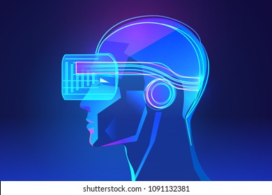 Side View Of Human Head With Virtual Reality Headset. Abstract Vr World With Neon Lines. Vector Illustration