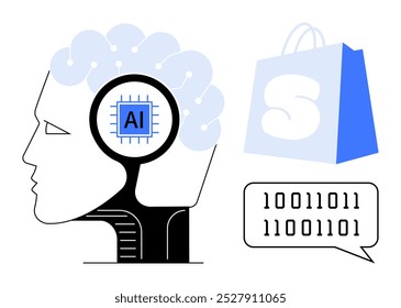 Vista lateral de uma cabeça humana com um cérebro com fios e chip de IA. Uma bolha de fala com código binário e um saco de compras azul estão presentes. Ideal para IA, tecnologia, comércio eletrônico, neurociência e robótica