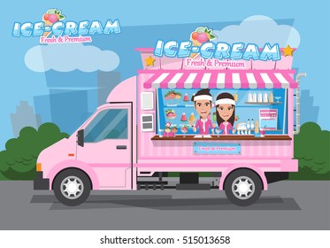 Side view of ice cream van with seller. Design Elements.Vector Illustration