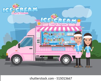 Side View Of Ice Cream Van With Seller. Design Elements.Vector Illustration