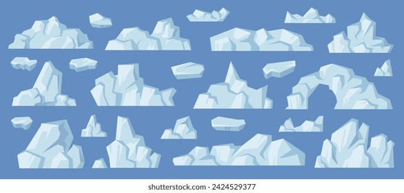 Vista lateral de icebergs, formación aislada de rocas árticas con hielo y carámbanos, nieve y masas nevadas. Vector plano de dibujos animados, pedazo de hielo de agua dulce vista lateral. Diseño para paisaje oceánico o marino
