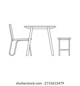 The side view illustrates a minimalist dining set consisting of a rectangular dining table paired with one dining chair and one stool. The table is shown with a slim tabletop and straight, stable legs
