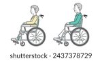 Side view illustration of an elderly woman and an elderly man sitting in a wheelchair