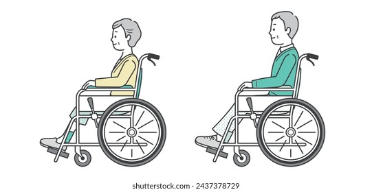 Side view illustration of an elderly woman and an elderly man sitting in a wheelchair