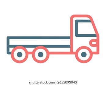 Ilustración de vista lateral de un camión de cama plana, probablemente utilizado para transportar mercancías o equipos. Diseño detallado con esquema de color CMYK.