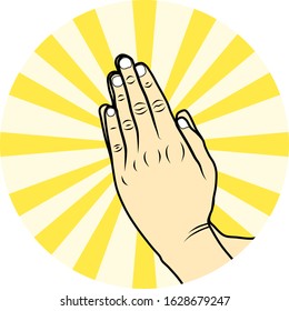 Side view illustration of hand gesture in a pray posture with linear yellow light beams