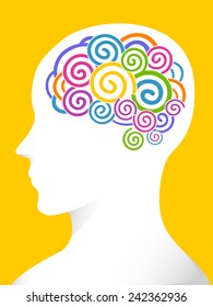 Side View Illustration of a Man With Swirls of Various Colors in His Brain