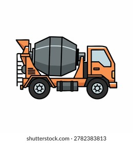 A side view illustration of an orange concrete mixer truck used in construction and infrastructure development projects isolated on white background