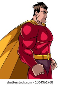Side view illustration of a powerful and determined superhero with yellow cape looking forward ready for action on white background for copy space