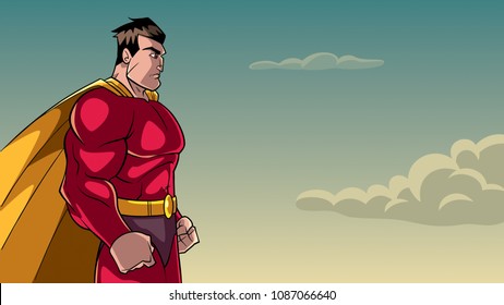 Side view illustration of a powerful and determined superhero with yellow cape looking forward ready for action on sky background for copy space.