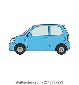 Side View Illustration of a Small Blue Compact Hatchback City Car Round Headlights on a White Background