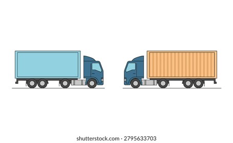 Side view illustration of two semi trucks with blue and orange trailers parked on a white background for transport and logistics design.
