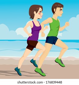 Side view illustration of young couple running together on the beach