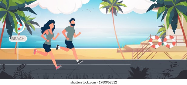 Side view illustration of young couple running together on the beach